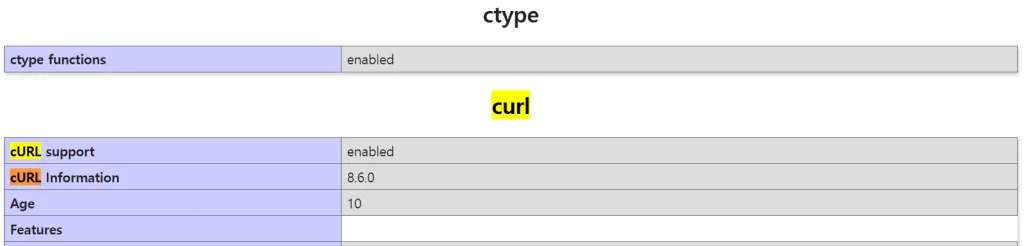 아파치에서 phpinfo를 확인하고 curl 모듈이 인식되었는 지 확인한 사진