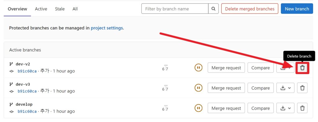 gitlab에서 브랜치 삭제하는 방법 소개